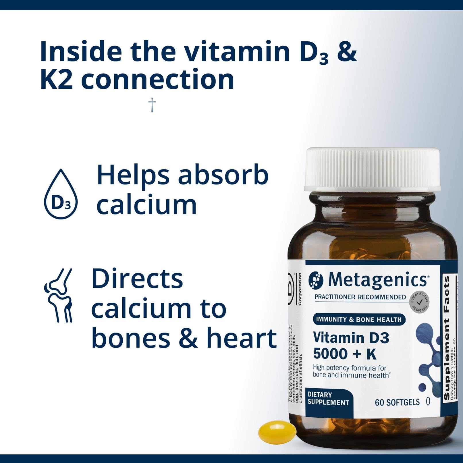 Metagenics D3 + K gluten free non GMO label on bottle.