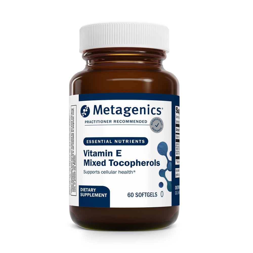 Metagenics Vitamin E Mixed Tocopherols bottle with softgels supports broad antioxidant protection.