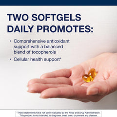Metagenics Vitamin E Mixed Tocopherols label demonstrates clean, non-GMO, gluten-free quality.