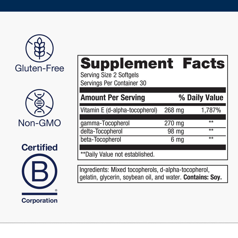Metagenics Vitamin E Mixed Tocopherols softgels close-up highlighting high potency formula.