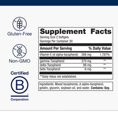 Metagenics Vitamin E Mixed Tocopherols softgels close-up highlighting high potency formula.