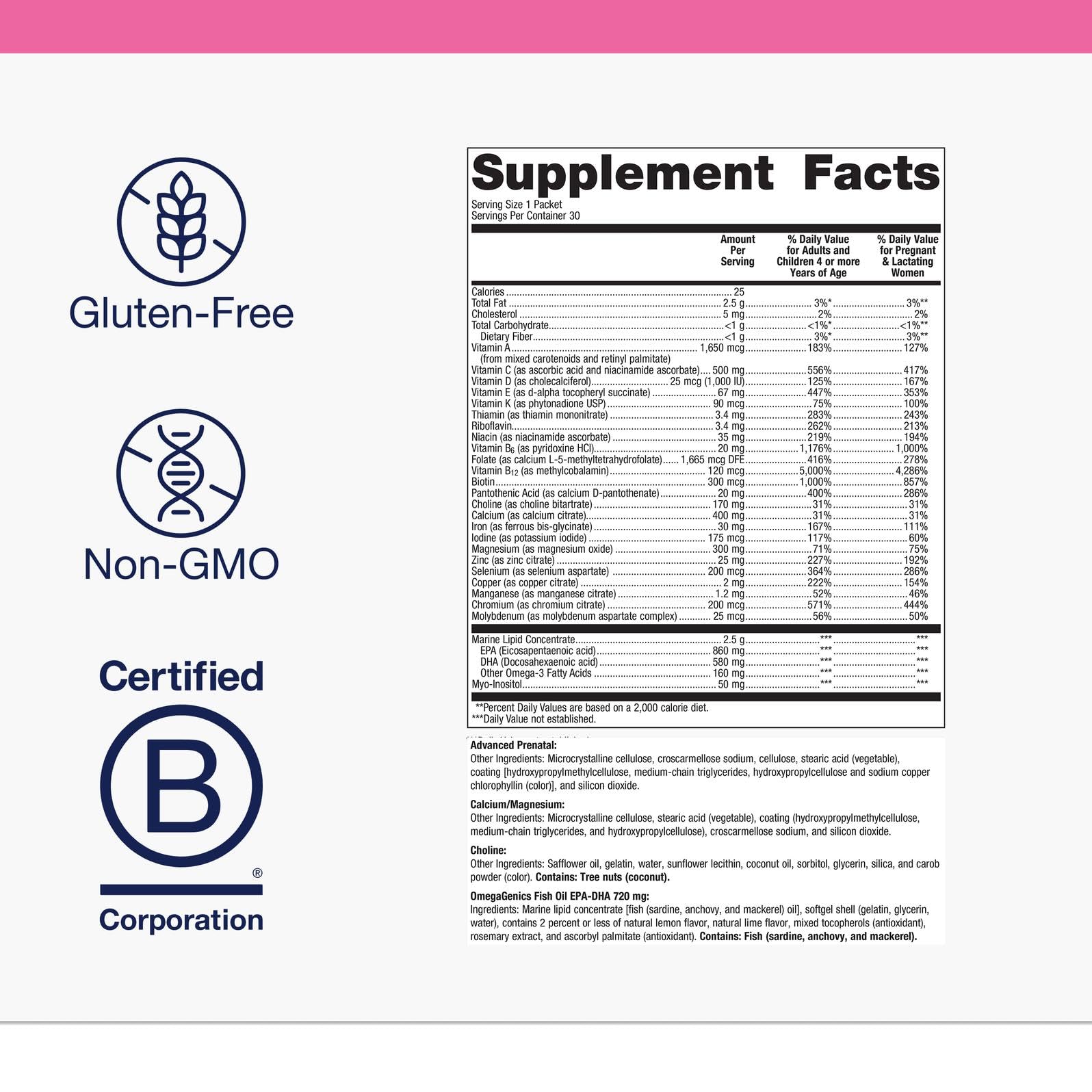 Metagenics Wellness Essentials Pregnancy daily packets closeup showing convenient servings.