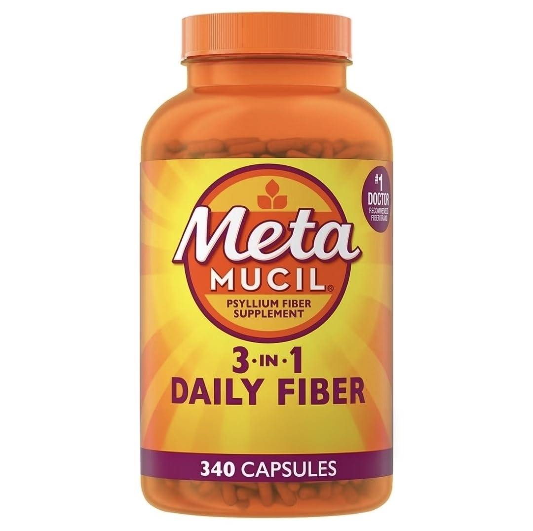 Metamucil 3-in-1 fiber capsules bottle on kitchen counter for daily digestion support