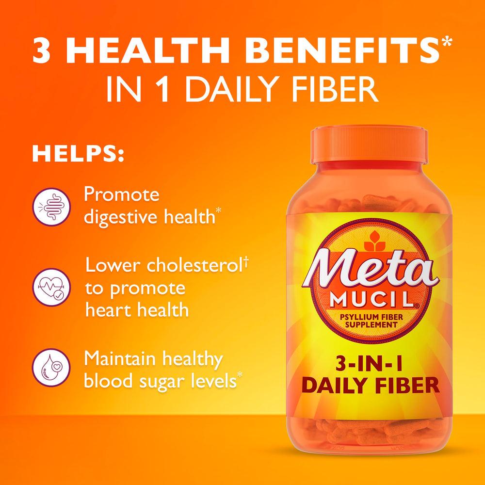 Metamucil capsules closeup highlights no added sweetener for clean fiber supplementation.