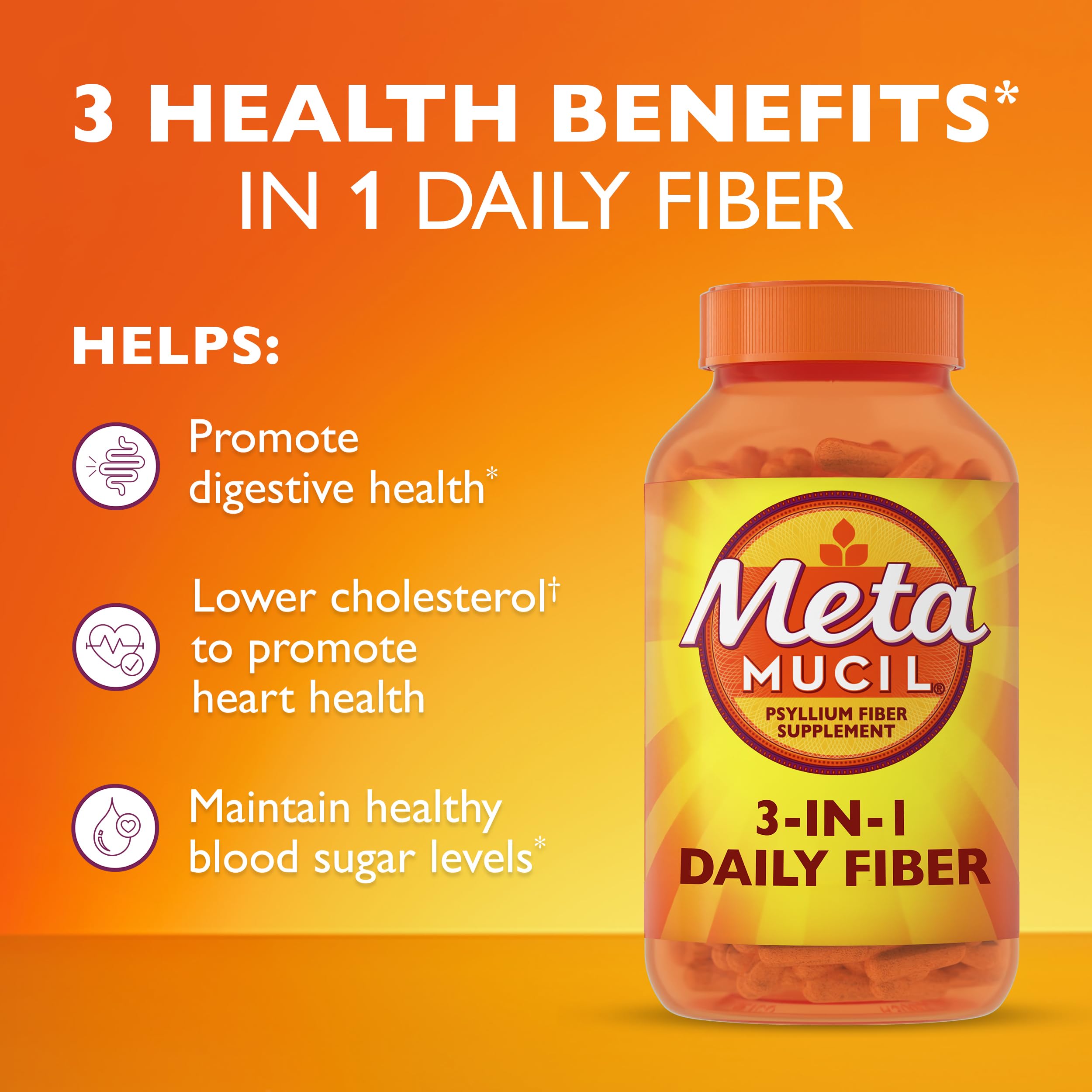 Metamucil 3-in-1 label highlights fiber and easy routines