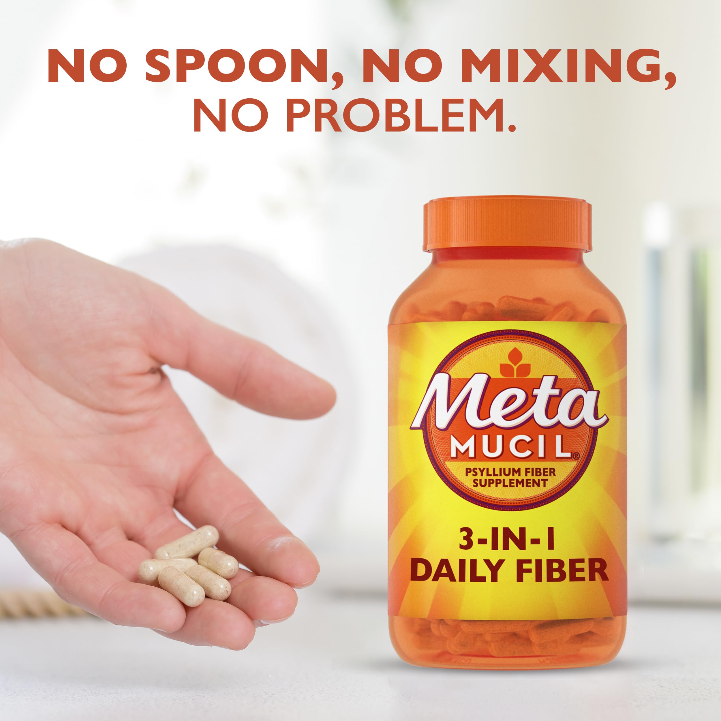 Metamucil fiber capsules close-up emphasizes easy daily supplementation