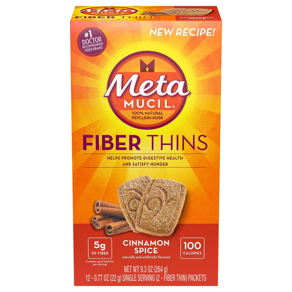Metamucil Fiber Thins crisps in a value pack, convenient fiber snack for on-the-go