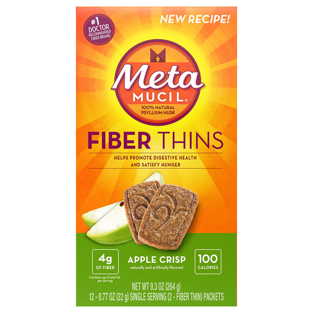 Metamucil Meta Apple Crisp wafers on a counter, convenient fiber snack option.