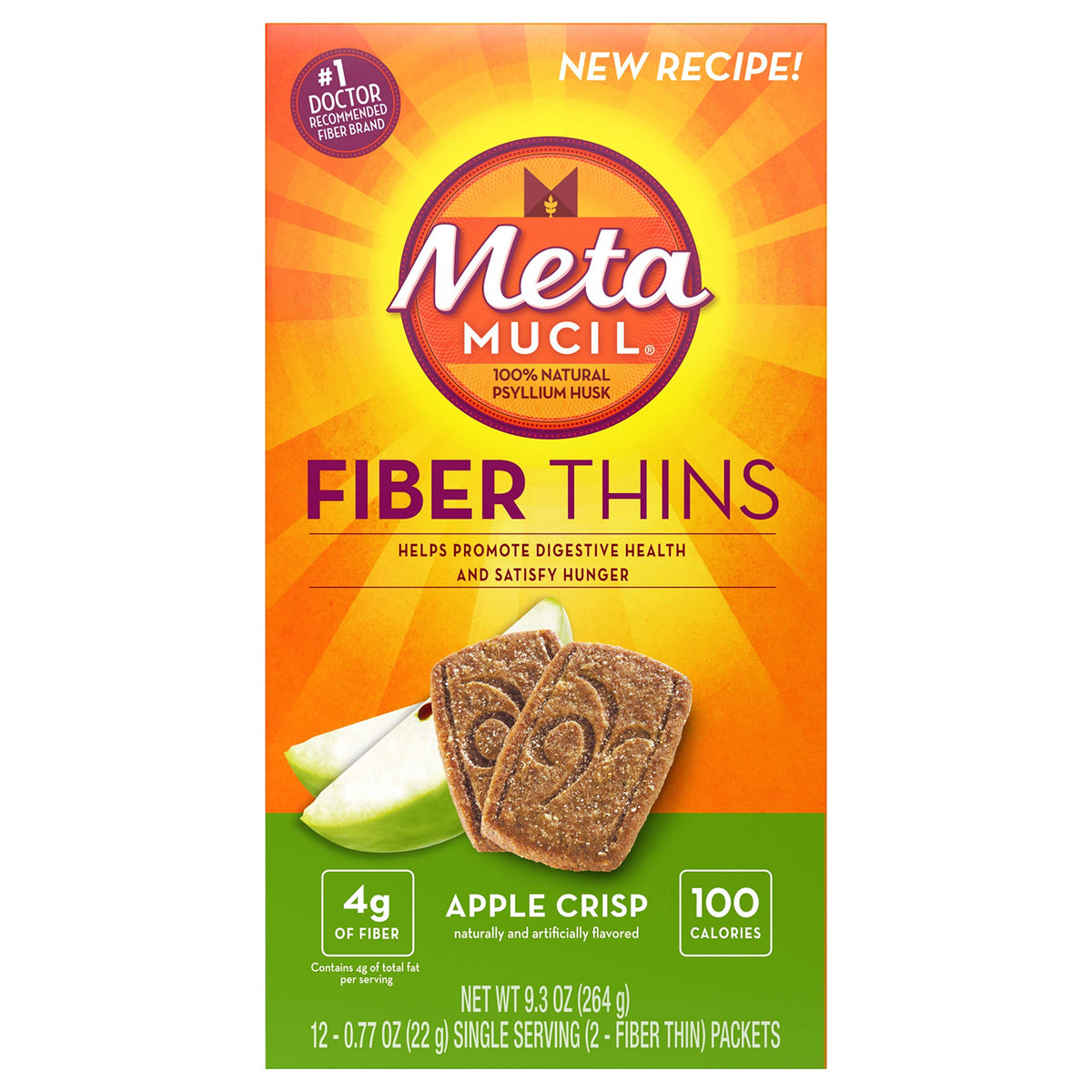 Metamucil Meta Apple Crisp wafers on a counter, convenient fiber snack option.
