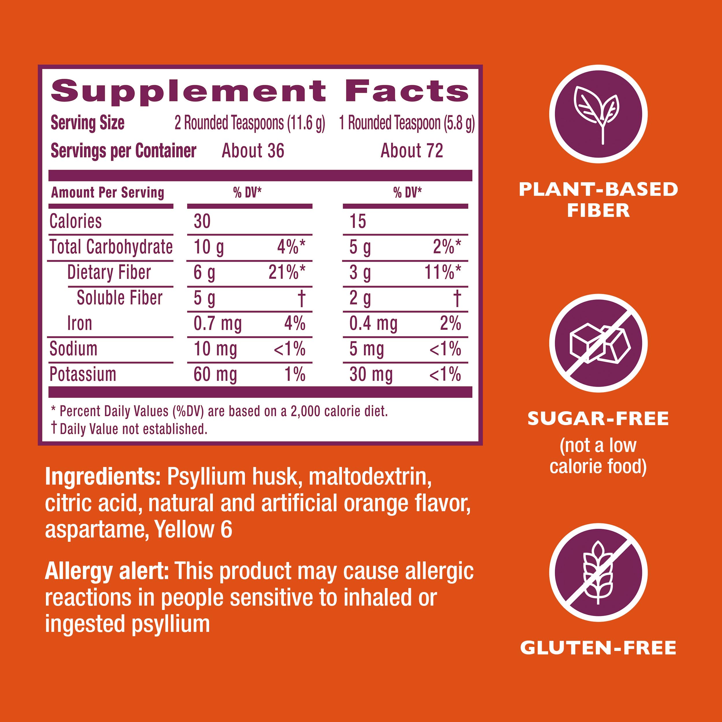 Nutrition label close-up on Metamucil box for details