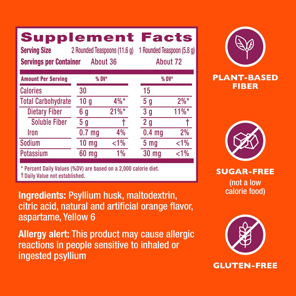 Nutrition label close-up on Metamucil box for details
