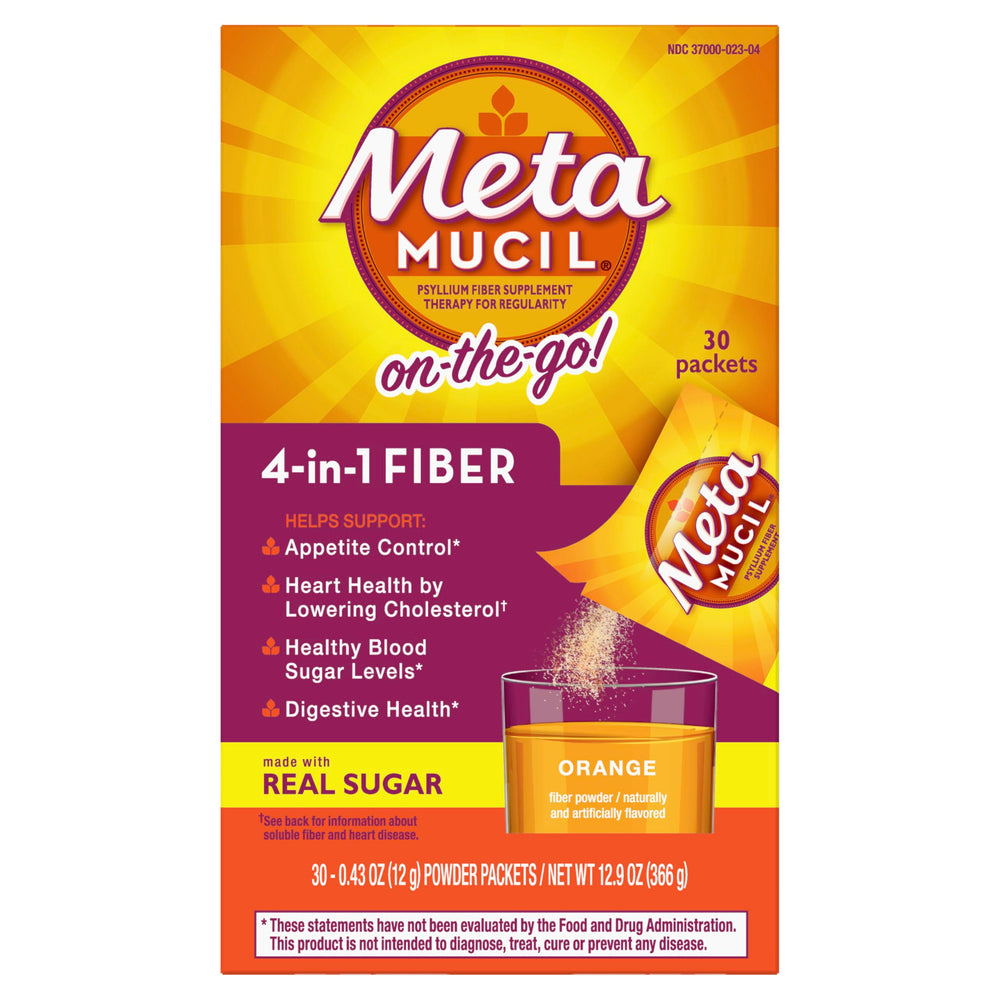 Metamucil On-the-Go fiber packets aiding regularity and appetite control.