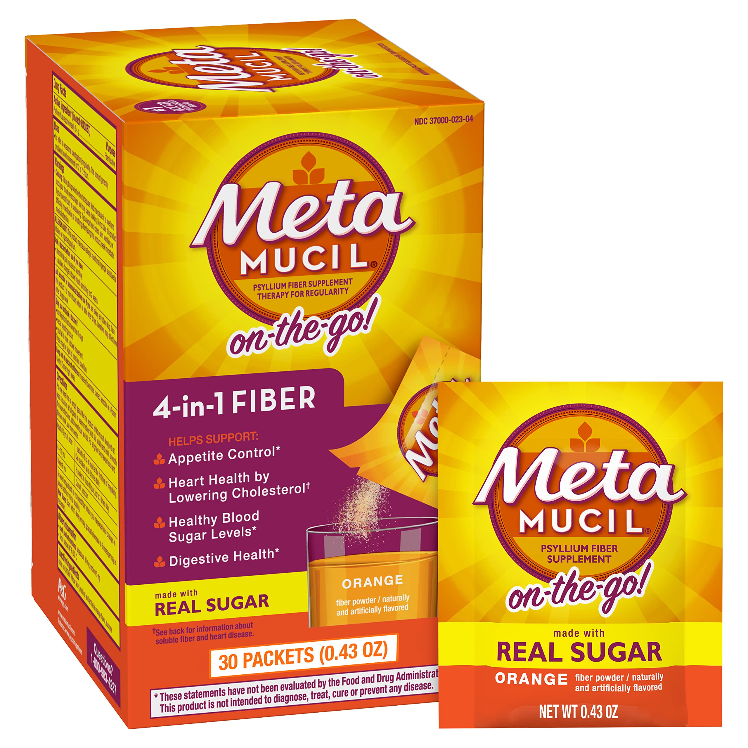Metamucil On-the-Go orange packets for daily fiber on the move.