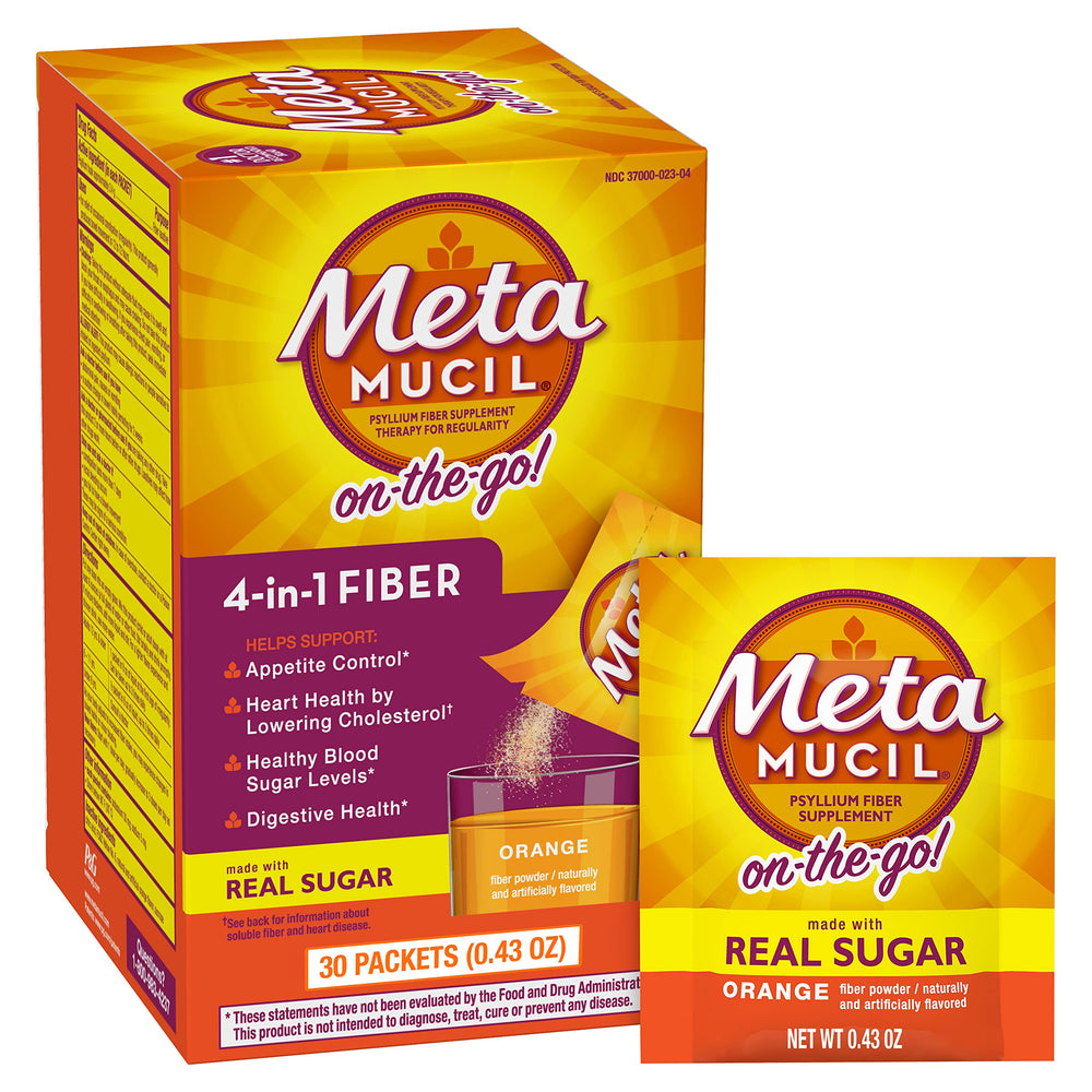 Metamucil On-the-Go orange packets for daily fiber on the move.