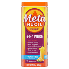 Metamucil orange flavored powder with scoop for easy daily fiber