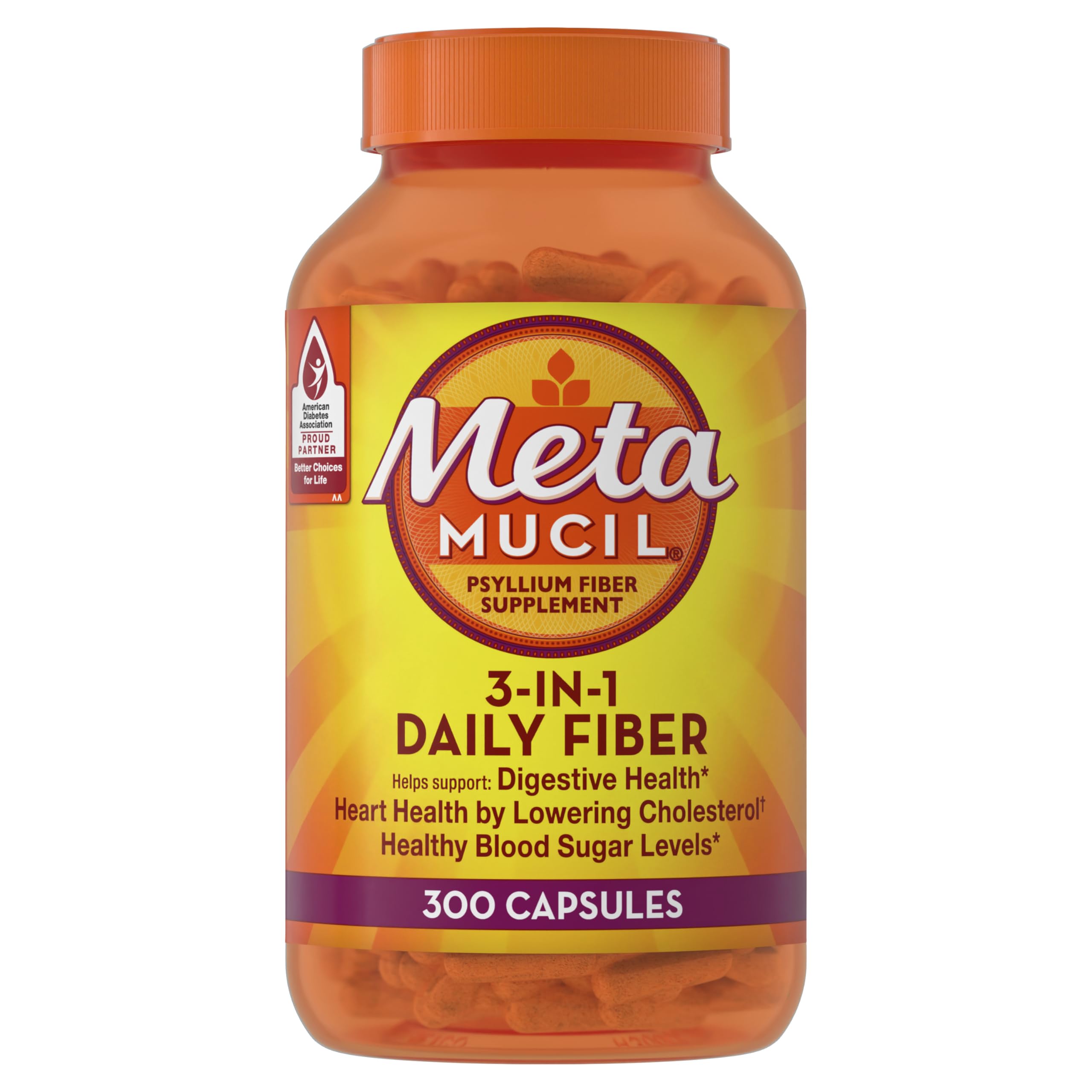 Metamucil psyllium husk capsules bottle promotes daily digestive health and convenient fiber intake.