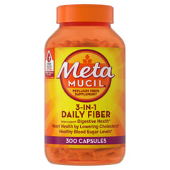 Metamucil psyllium husk capsules bottle promotes daily digestive health and convenient fiber intake.