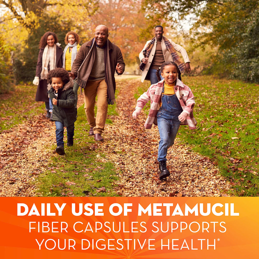 Metamucil bottle label closeup highlighting brand and specs