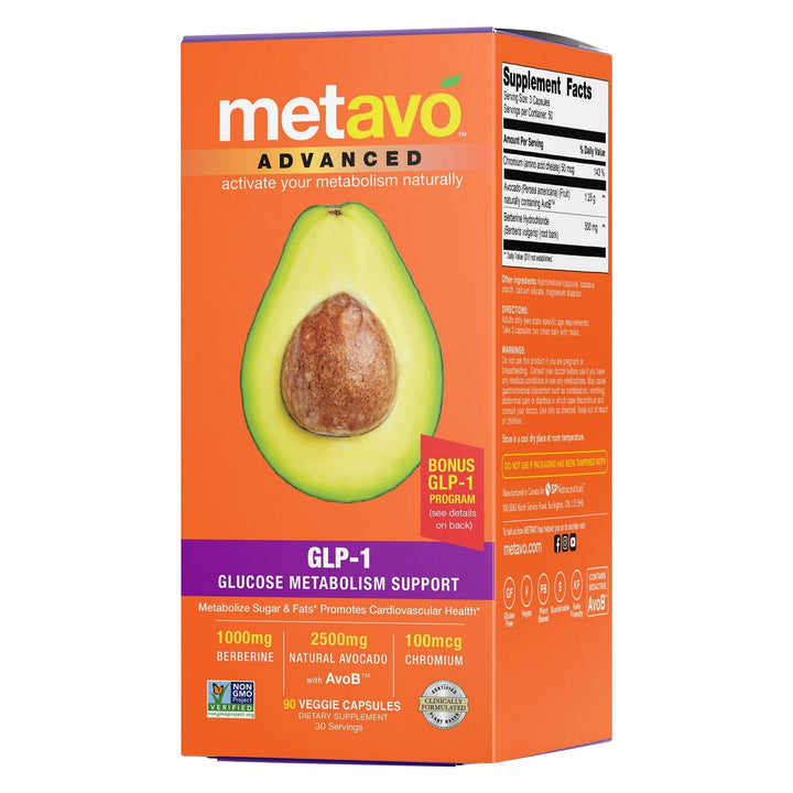 Metavo Advanced GLP-1 bottle on a clean surface signaling daily metabolic support
