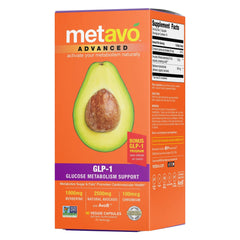 Metavo Advanced GLP-1 bottle on a clean surface signaling daily metabolic support