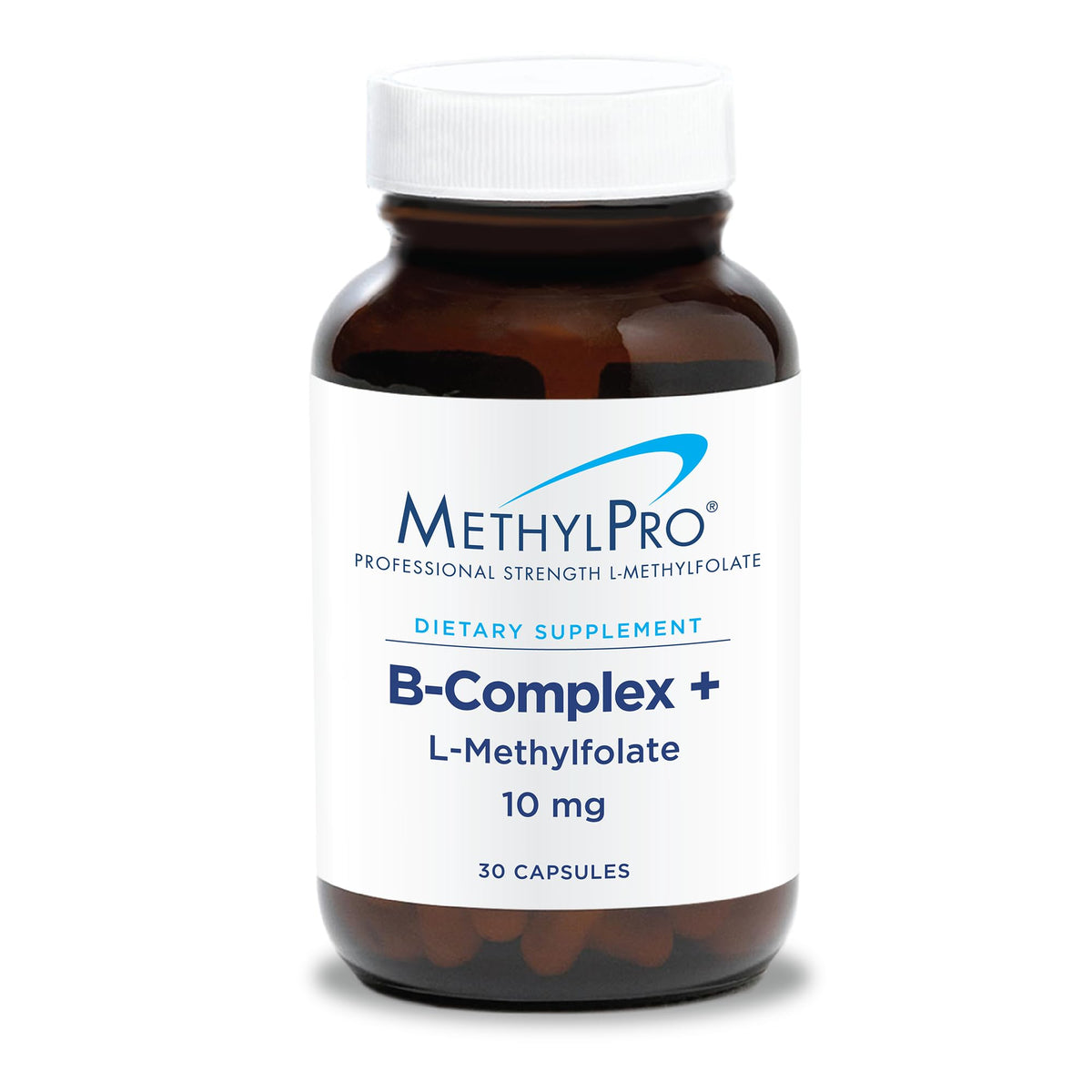 MethylPro B-Complex bottle closeup highlighting 10 mg methylfolate for energy support