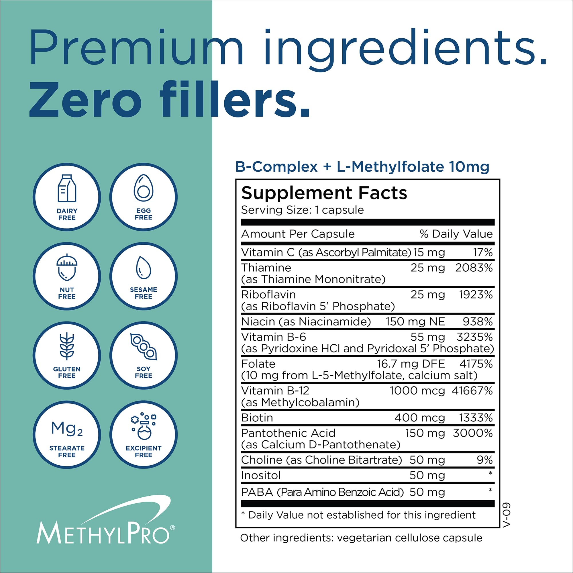 MethylPro B-Complex bottle label and BPA-free packaging in focus