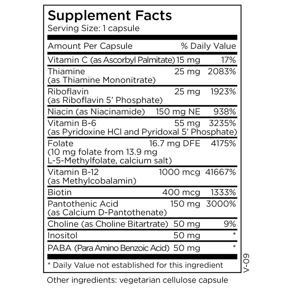 MethylPro B-Complex bottle with capsules demonstrates vegan, clean daily nutrition