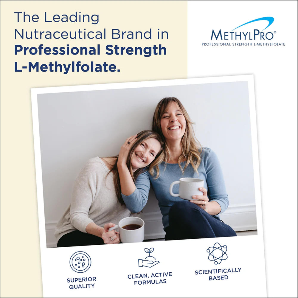 MethylPro capsules on desk suggesting steady energy and mood support.