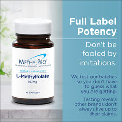 MethylPro L-Methylfolate 7.5 mg bottle front showing 90 capsules for daily use.