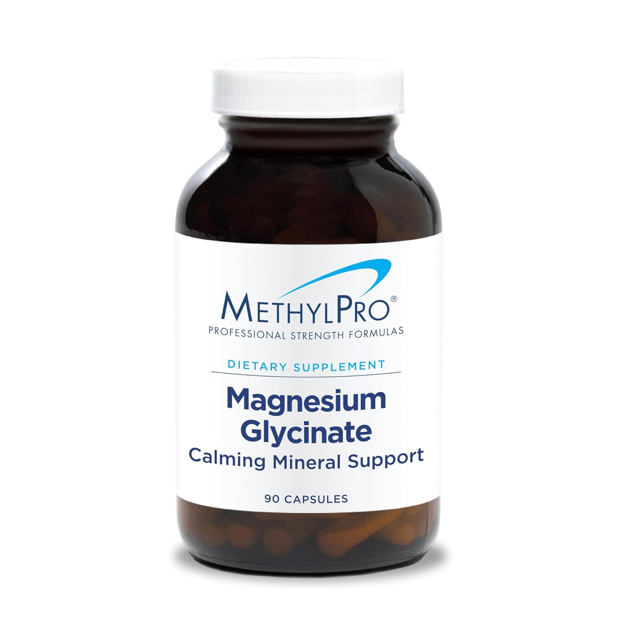 MethylPro Magnesium Glycinate capsules bottle showing calm sleep support labeling.