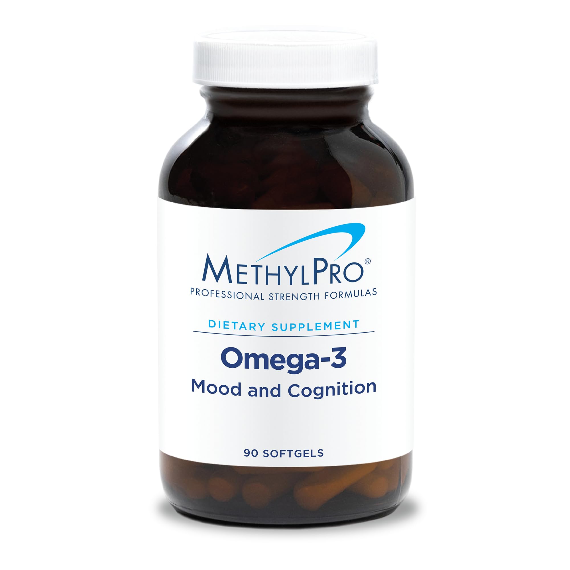 MethylPro Omega-3 softgels in bottle for cognitive support and heart health.