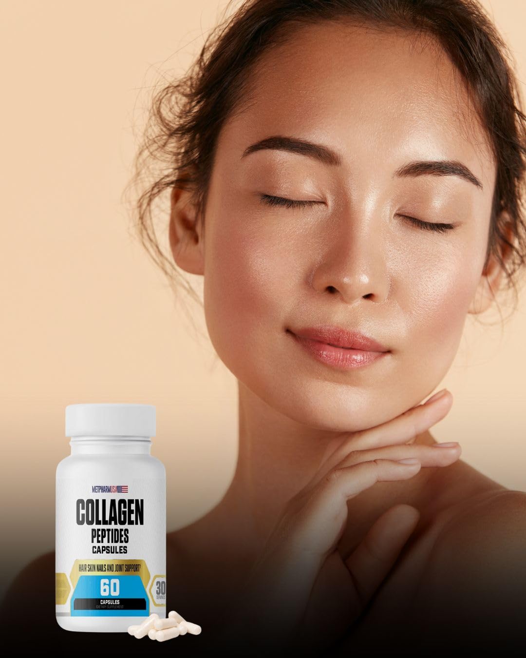 Serving-size visual with MetpharmUSA capsules.
