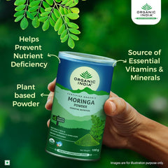 Metrey Herbotech Moringa Powder close-up shows vibrant green powder.
