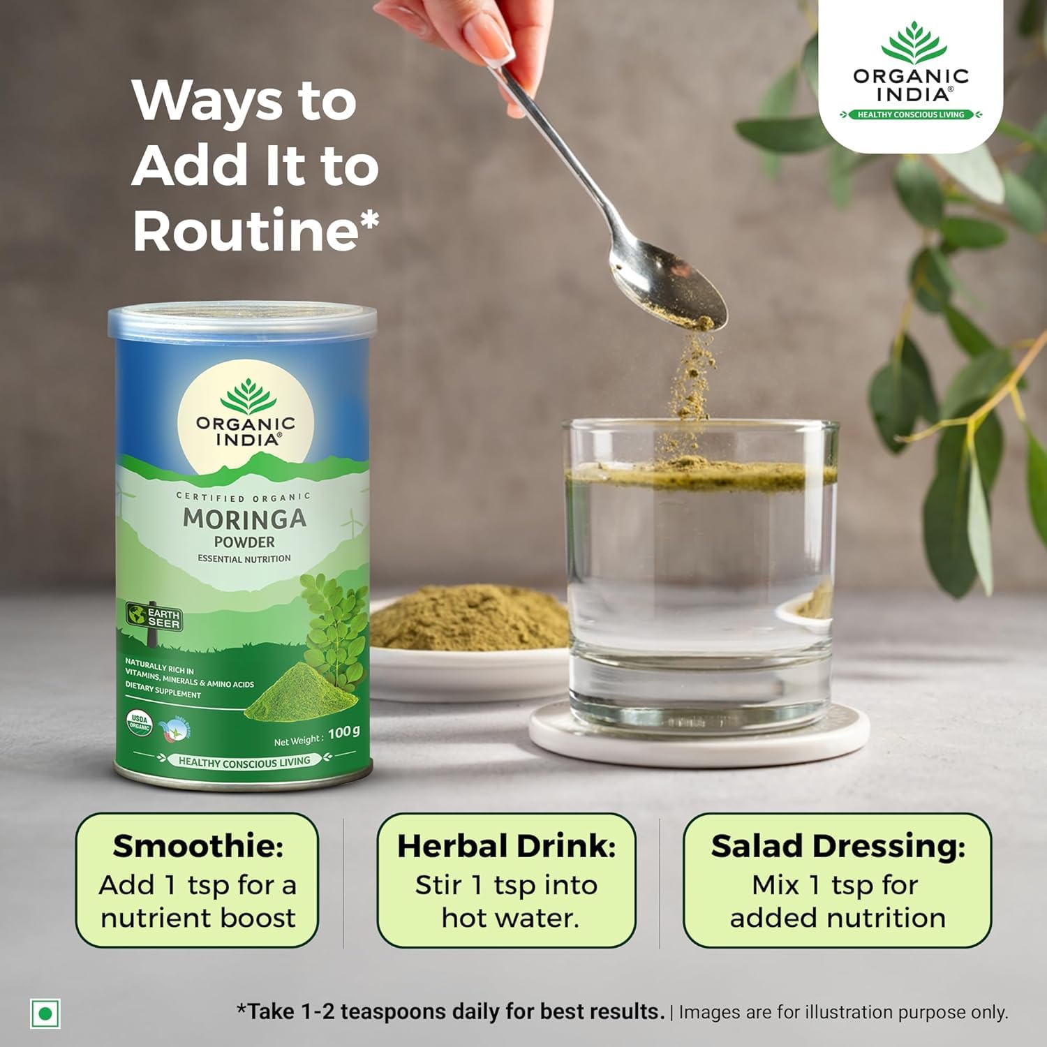 Metrey Herbotech Moringa Powder in glass ready to blend in smoothies.
