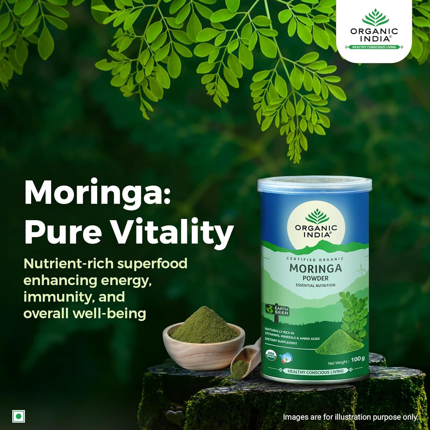 Metrey Herbotech Moringa Powder packaging highlighting organic, nutrient rich leaves.