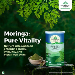 Metrey Herbotech Moringa Powder packaging highlighting organic, nutrient rich leaves.