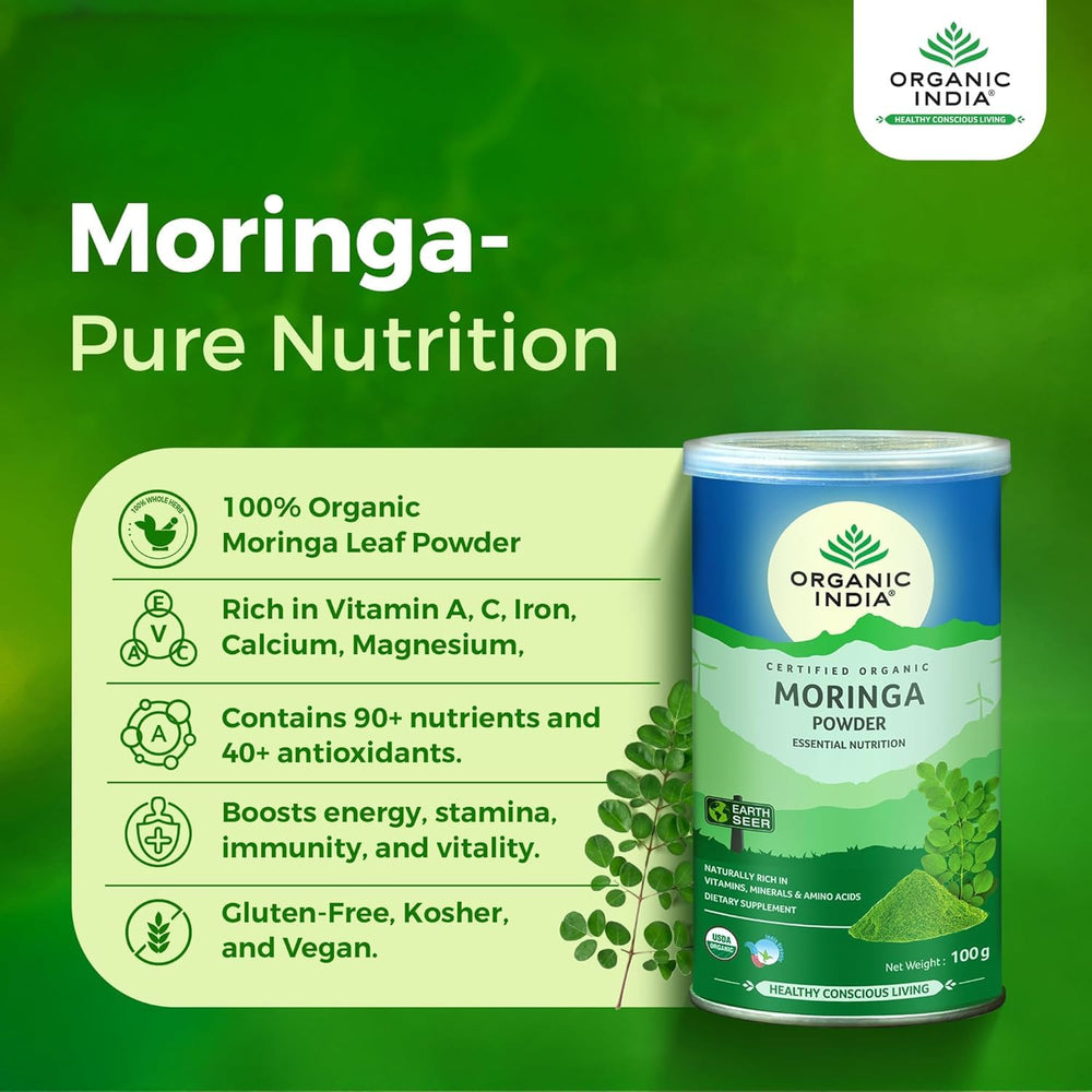 Metrey Herbotech Moringa Powder scoop with measuring spoon for easy mixing.