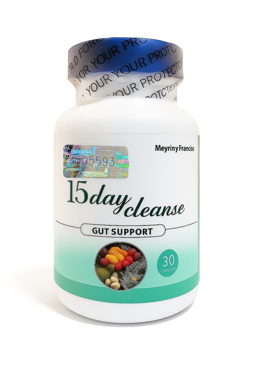 Meyrin y Francisco 15 Day Cleanse bottle pour supports daily digestive routines.