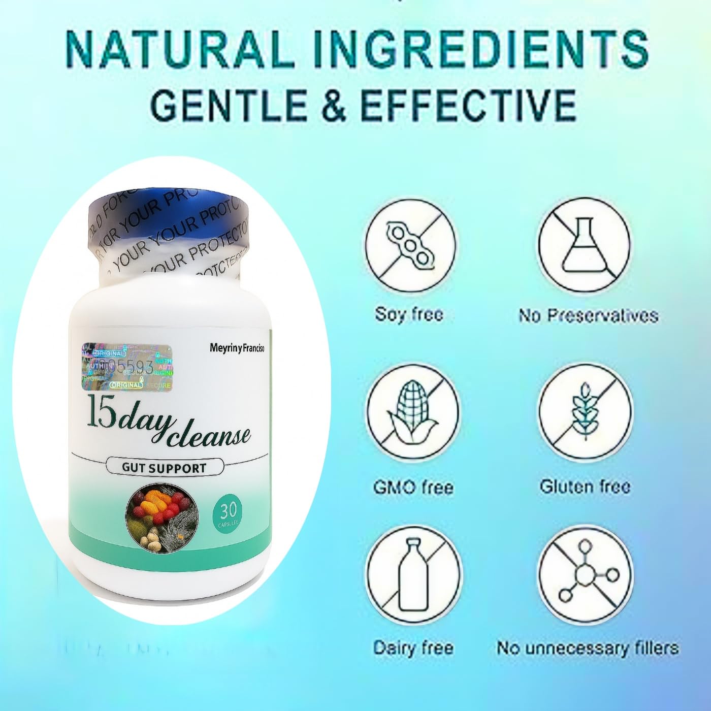 Meyrin y Francisco 15 Day Cleanse capsules close-up highlights gut support.