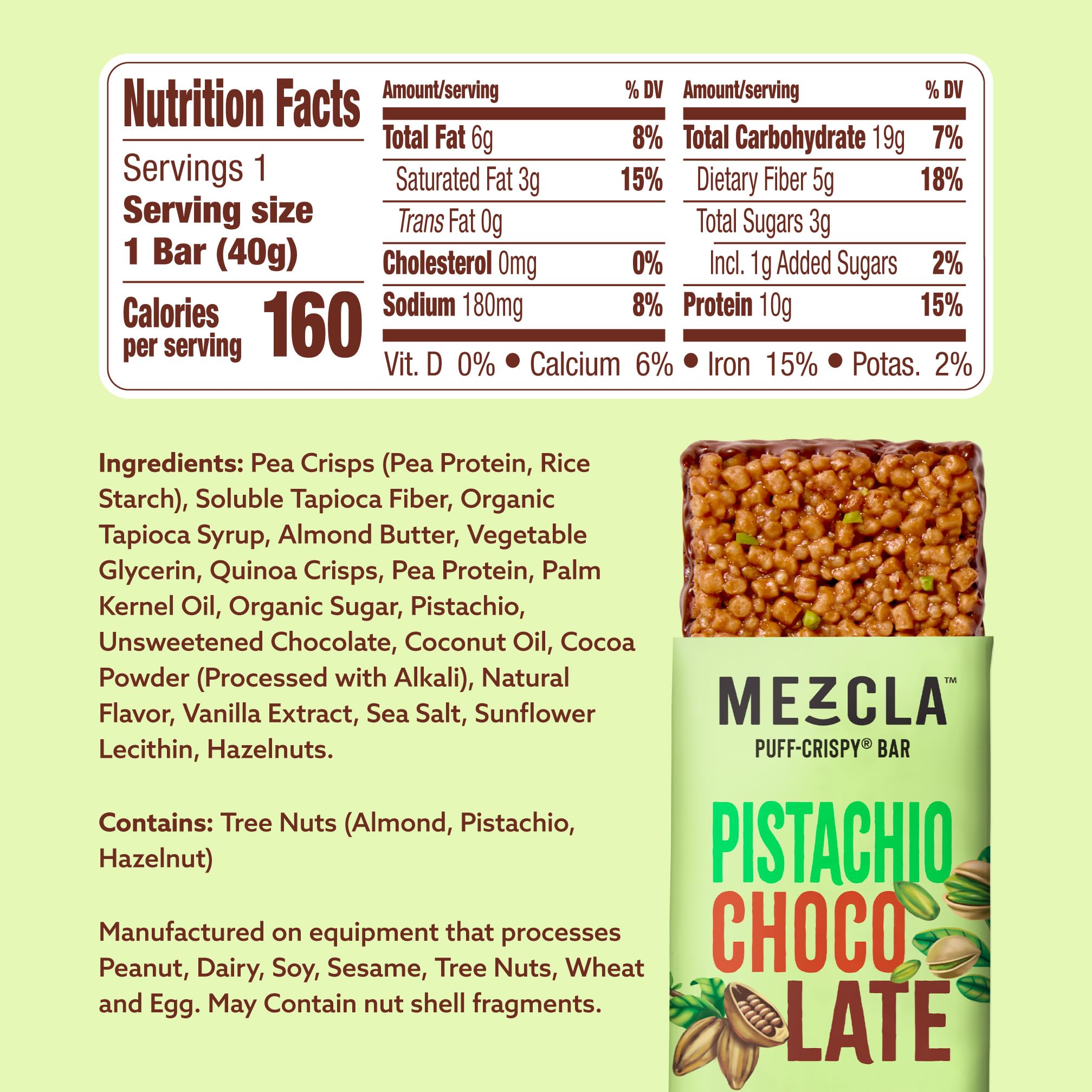 Mezcla bar showing 10g plant protein for steady energy.
