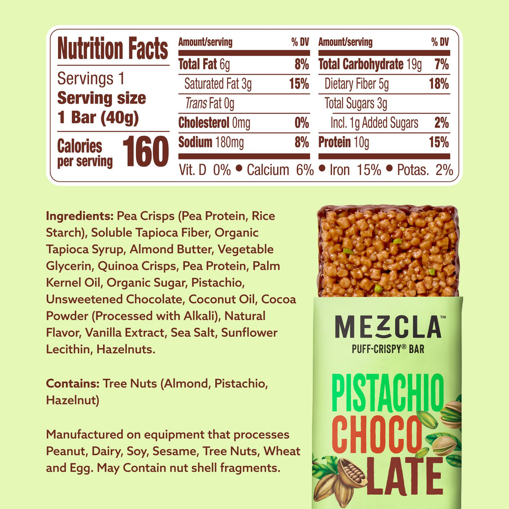 Mezcla bar showing 10g plant protein for steady energy.