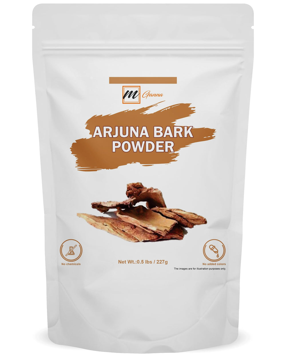 mGanna Arjuna powder packaging in a resealable stand-up pouch keeps freshness.