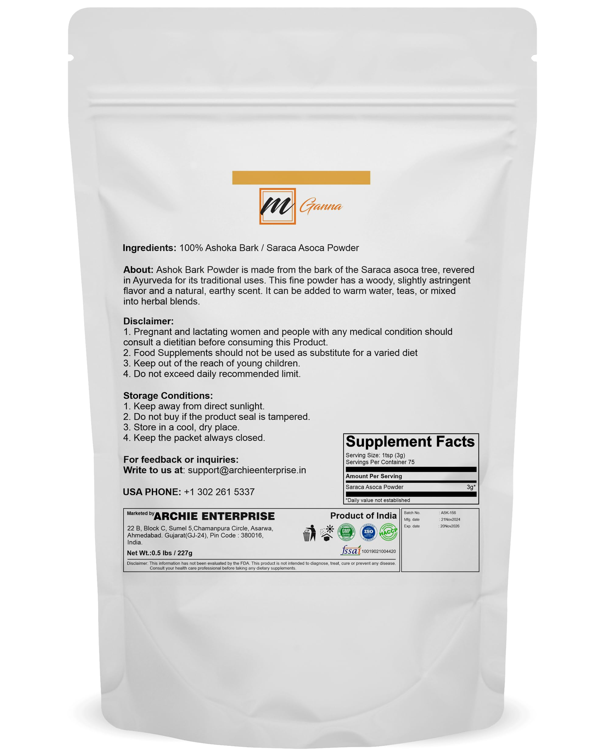 Close-up of fine Ashoka powder shows smooth texture ready for blends.