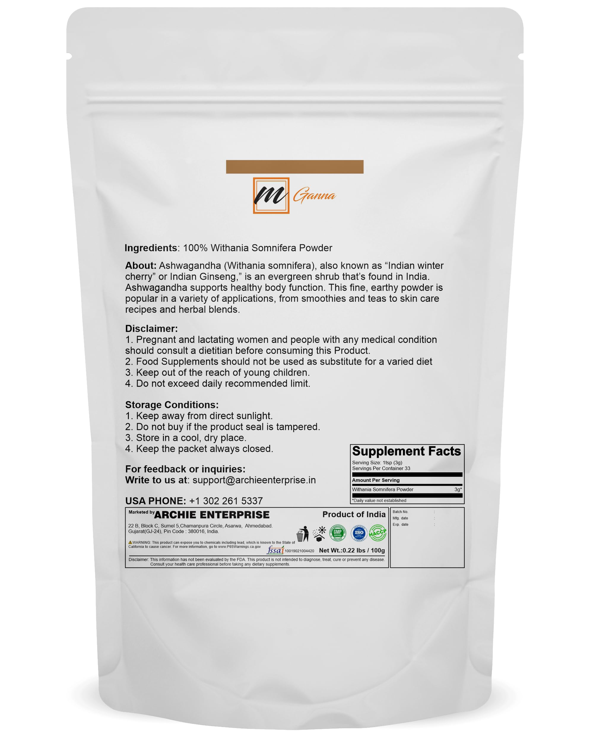 mGanna Ashwagandha powder bottle pour shows a clean, smooth flow for drinks.
