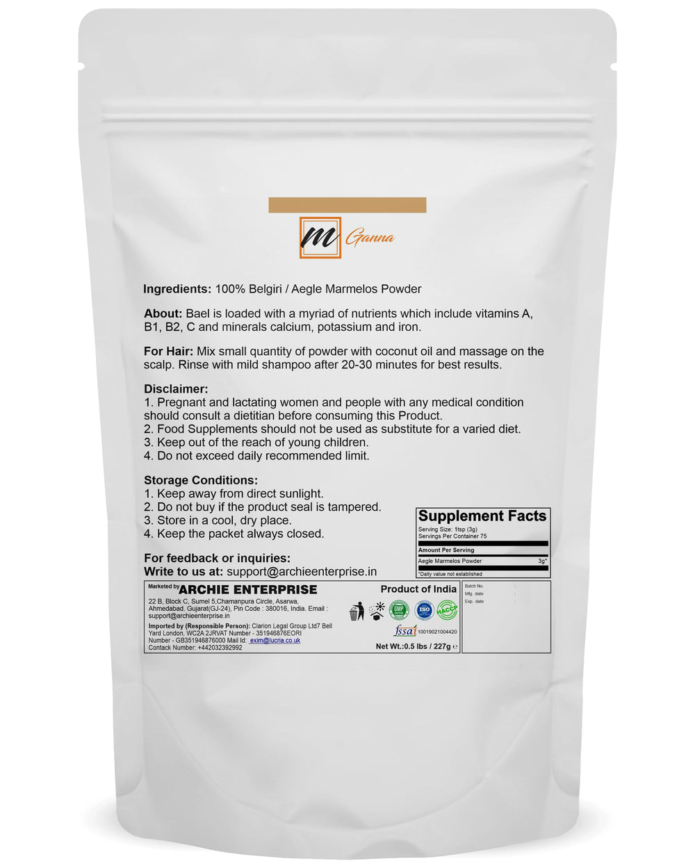mGanna Belgiri powder packaging 227g pack for convenient daily self-care