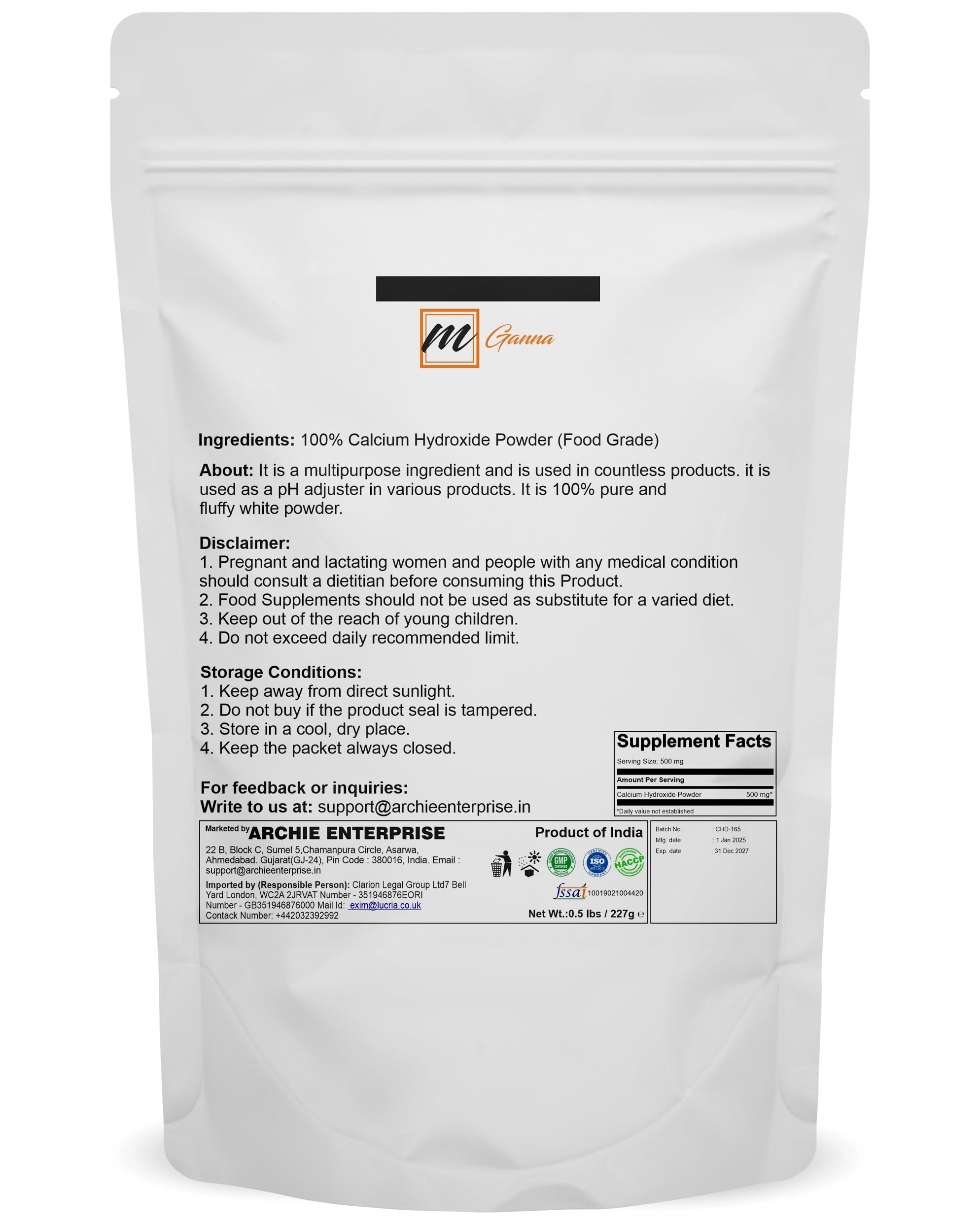Close-up of mGanna calcium hydroxide powder showing natural texture