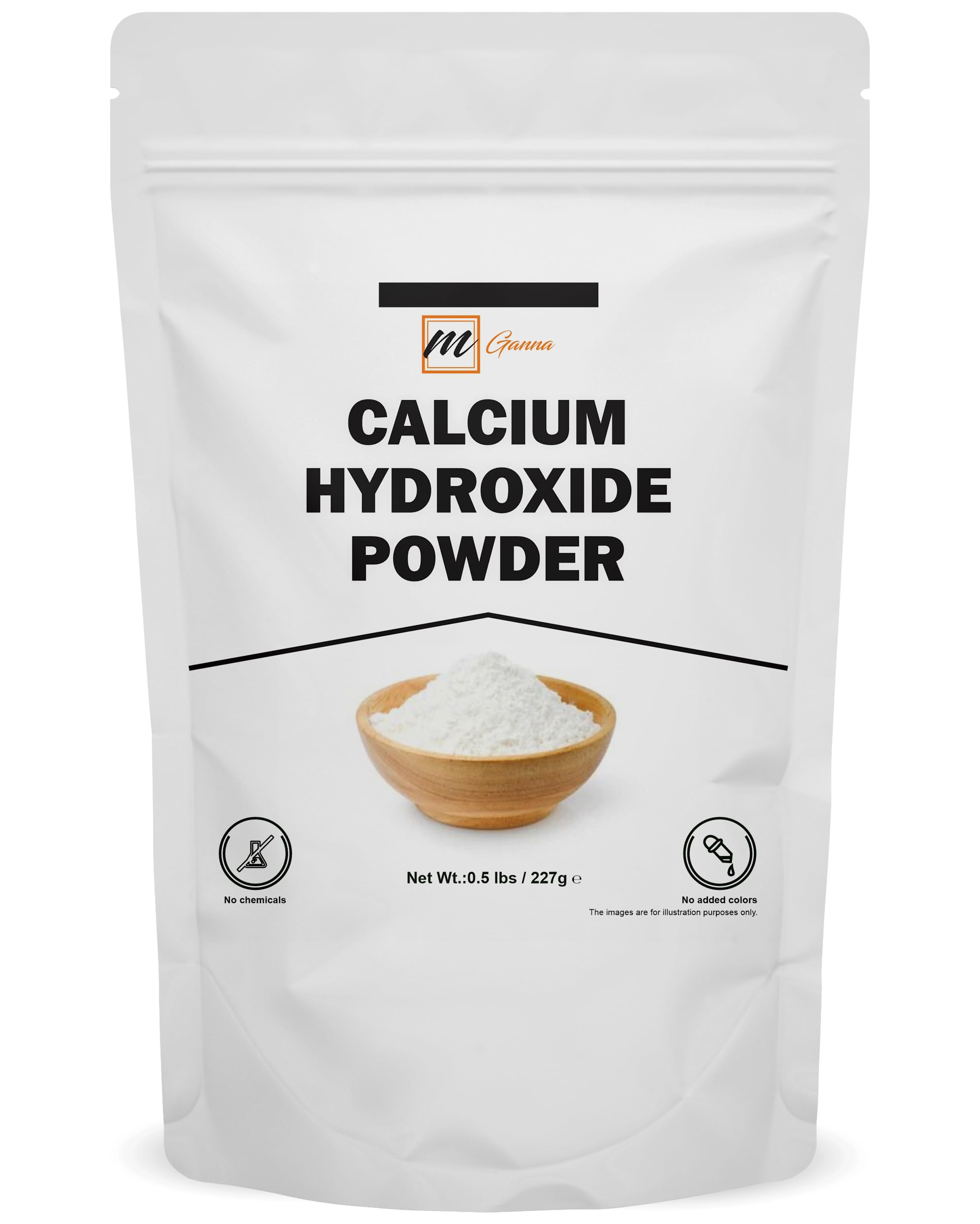 mGanna calcium hydroxide powder packaging in a resealable pouch for cosmetics