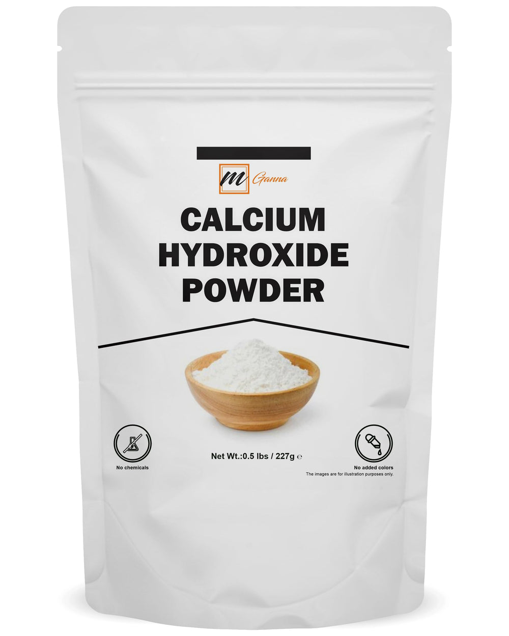 mGanna calcium hydroxide powder packaging in a resealable pouch for cosmetics