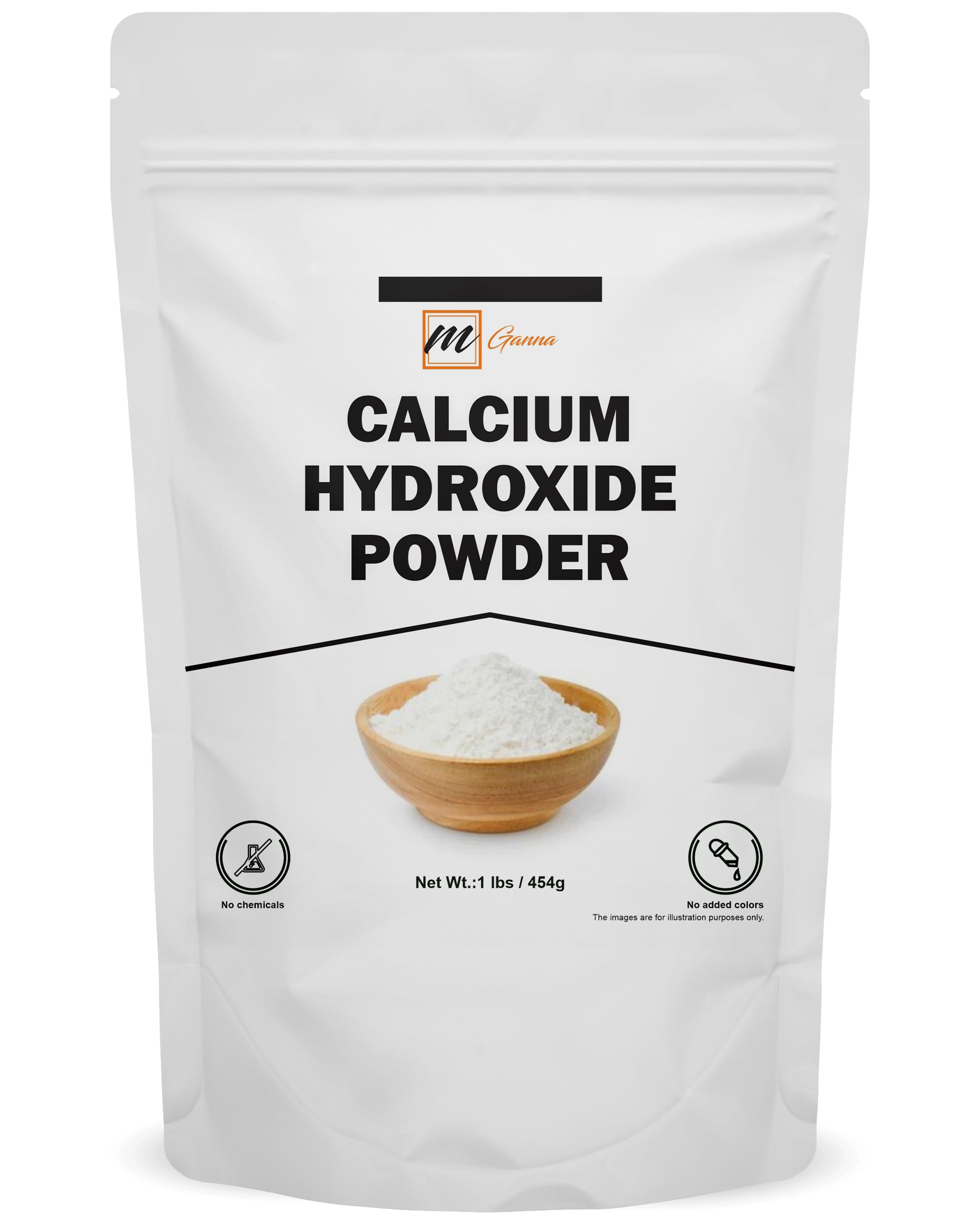 mganna calcium hydroxide powder in resealable stand-up pouch for cosmetics and skincare.