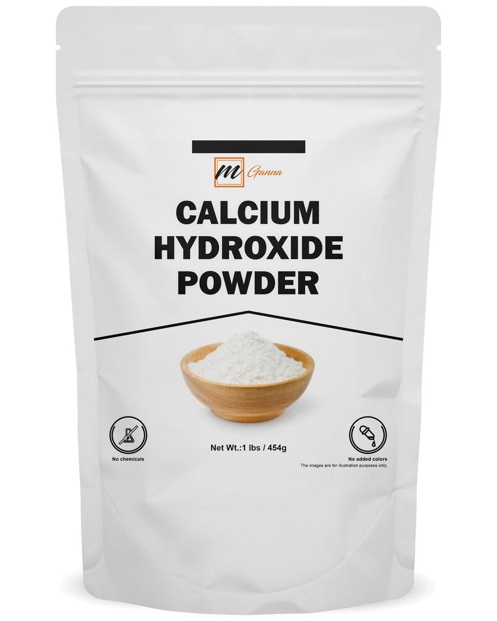 mganna calcium hydroxide powder in resealable stand-up pouch for cosmetics and skincare.